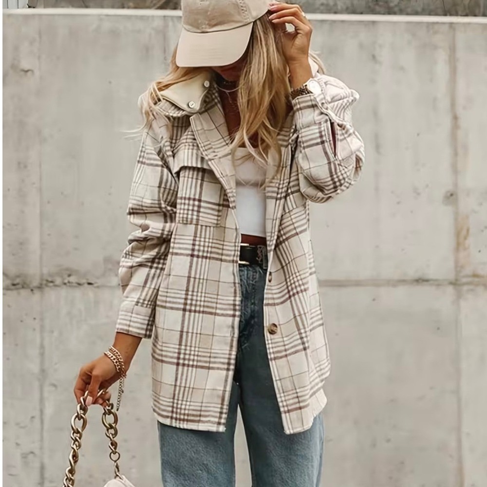 Womens Plaid Button Up Shirt Long Sleeve‎ Beige Brown Casual Top